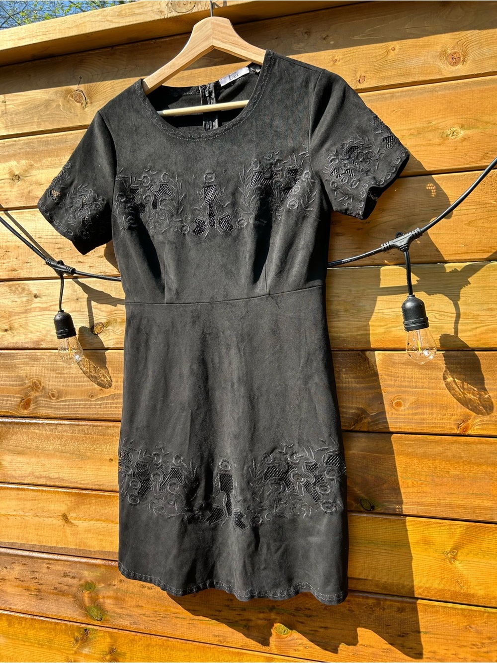 Women’s small Dex faux suede mini dress with lace cutout design